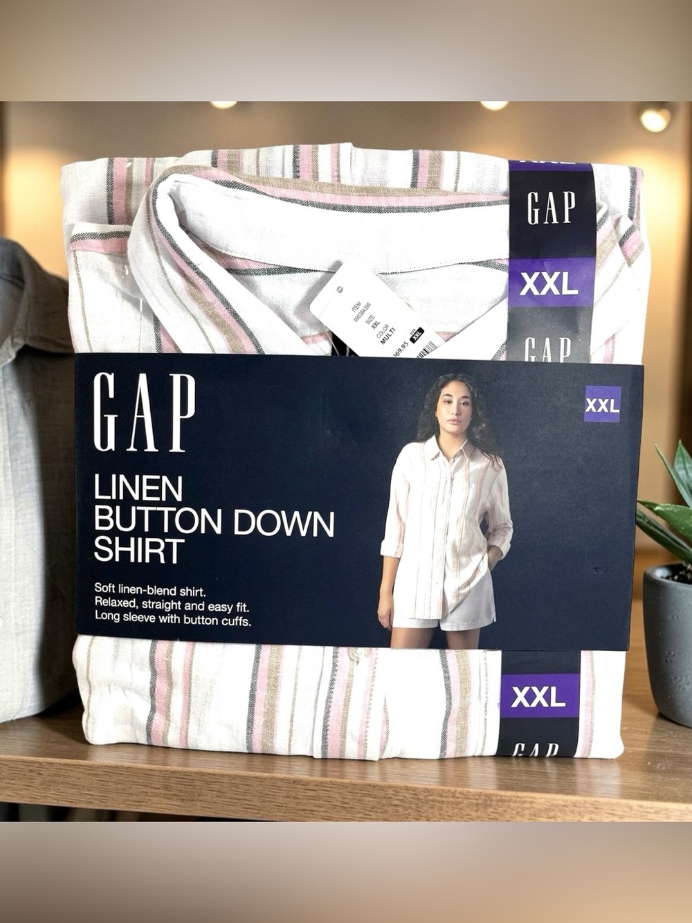 NEW Gap Shirt Women's Linen Blend Button Down Striped Easy Shirt Coastal Beachy